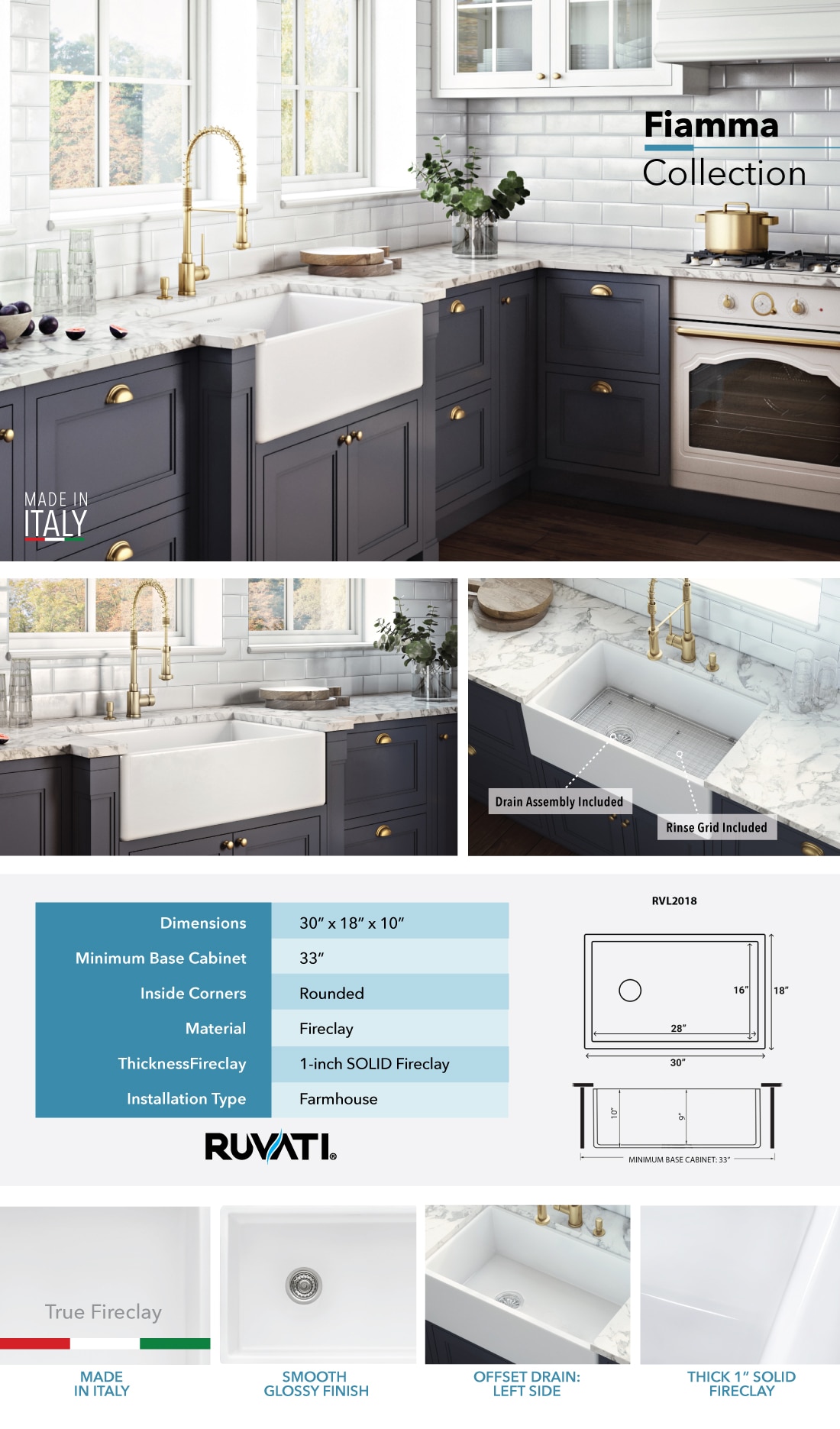 Ruvati 30 in. Single Bowl Farmhouse Fireclay Kitchen Sink with Left